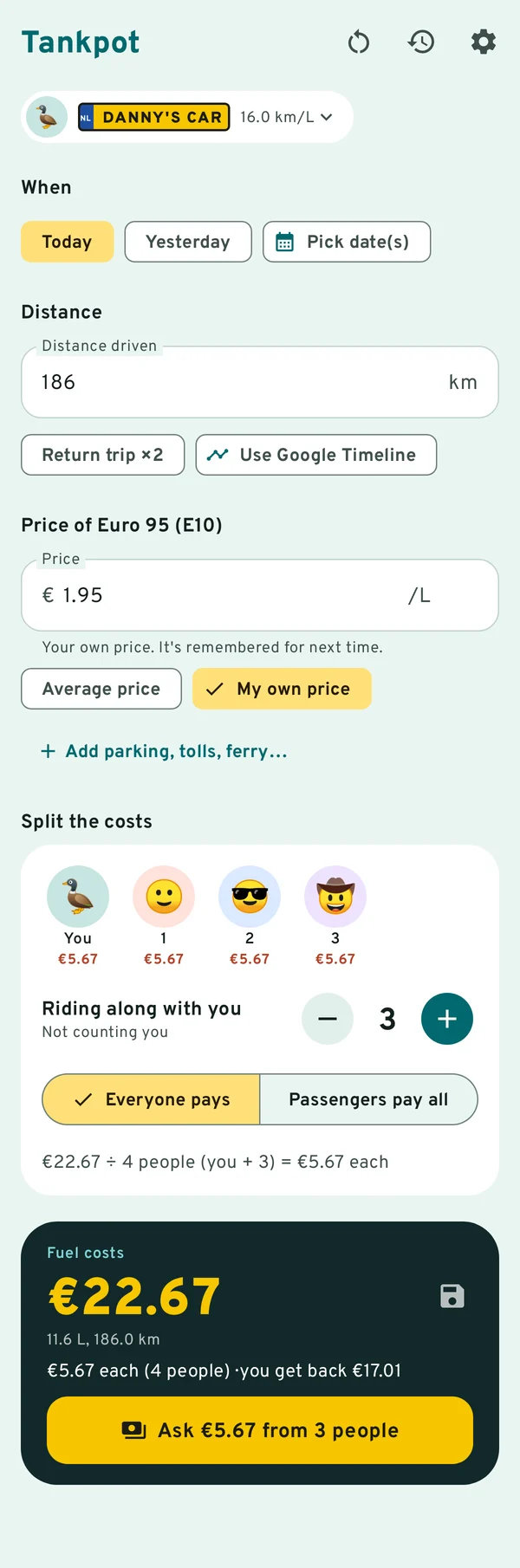 Tankpot's calculator screen: car Rocket, 186 km, €1.95 per litre, you and 3 passengers, €22.67 in total, €5.67 each.