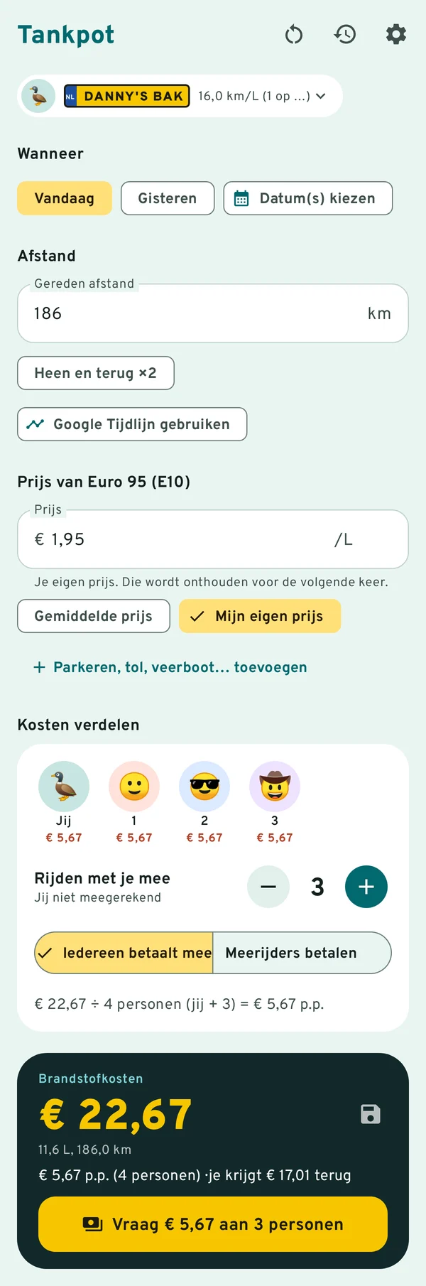 Het rekenscherm van Tankpot: auto Bolide, 186 km, € 1,95 per liter, jij en 3 meerijders, € 22,67 totaal, € 5,67 per persoon.